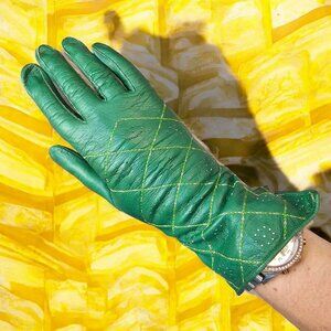 Vintage Womens Mod Green Leather Thin Fashion Gloves 6.5‎ Light Green Stitching